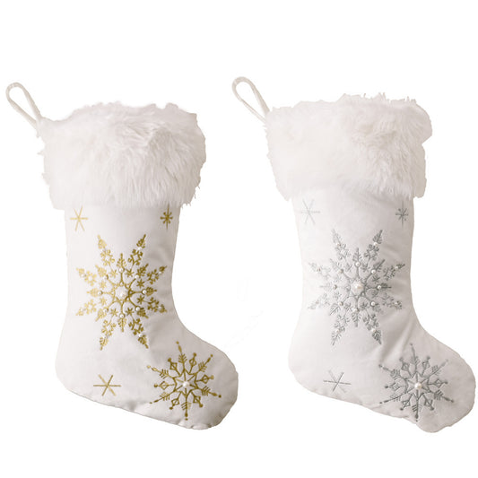 Flannel Pearl Snowflake Christmas Stocking White